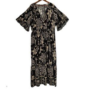 Rusttydustty Dress Women 4XL Black Tan Maxi Tropical Floral Ruffle Pullon NWOT